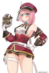 Rule 34 | 1girl, absurdres, aqua eyes, bare shoulders, belt, blush, brooch, cabbie hat, camera, charlotte (genshin impact), commentary request, cowboy shot, detached sleeves, genshin impact, gloves, hand on own hip, hand up, hat, high-waist skirt, highres, holding, holding camera, jewelry, long sleeves, looking at viewer, miniskirt, monocle, morimiya (mori), pink hair, red hat, red skirt, shirt, short hair, simple background, skirt, smile, solo, standing, suspenders, thigh strap, thighs, white background, white belt, white gloves, white shirt