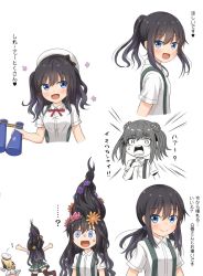 Rule 34 | 3girls, alternate hairstyle, asashio (kancolle), bad id, bad twitter id, binoculars, black hair, blue eyes, comiching, commentary request, flower, hair flower, hair ornament, hat, highres, jervis (kancolle), kantai collection, long hair, looking at viewer, low twintails, michishio (kancolle), multiple girls, multiple views, ponytail, running, sailor hat, shirt, short ponytail, short sleeves, simple background, smile, suspenders, twintails, white background, white headwear, white shirt