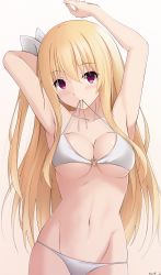 Rule 34 | 1girl, arms up, bare arms, bare shoulders, bikini, blonde hair, breasts, brown background, cleavage, collarbone, commentary request, date a live, gradient background, grey background, groin, hair between eyes, hair ribbon, head tilt, highres, keenh, long hair, mayuri (date a live), medium breasts, mouth hold, navel, o-ring, o-ring bikini, o-ring top, one side up, purple eyes, ribbon, signature, solo, swimsuit, untied bikini, very long hair, white bikini, white ribbon