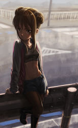 Rule 34 | 1girl, :/, arm at side, bad id, bad pixiv id, black footwear, black pantyhose, blurry, boots, breasts, brown eyes, brown hair, closed mouth, commentary request, day, denim, denim shorts, depth of field, double bun, groin, guard rail, hair bun, hironii (hirofactory), jacket, knee boots, lamppost, leg up, long sleeves, looking at viewer, medium breasts, navel, open clothes, open jacket, original, outdoors, pantyhose, puddle, road, shorts, sidelocks, sitting, solo, sports bra, standing, street, v-shaped eyebrows