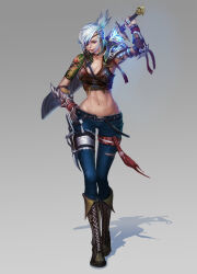 Rule 34 | 1girl, breasts, league of legends, navel, pants, riven (league of legends), soulhyuny, sword, tagme, weapon