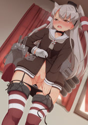 Rule 34 | 10s, 1girl, amatsukaze (kancolle), black panties, blush, brown eyes, censored, clothes lift, dress, dress lift, garter straps, highres, kantai collection, lifted by self, long hair, panties, panty pull, personification, pussy, sailor dress, short dress, side-tie panties, silver hair, skirt, skirt lift, solo, striped clothes, striped thighhighs, tachimi (basue), tears, thighhighs, twintails, two side up, underwear