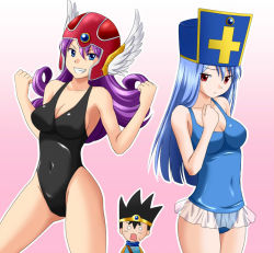 Rule 34 | 2girls, bad id, bad pixiv id, black one-piece swimsuit, blue eyes, blue hair, blue hat, blue one-piece swimsuit, chunsoft, dragon quest, dragon quest iii, enix, gold trim, grin, hat, helmet, mitre, multiple girls, ochanomizu doggu, one-piece swimsuit, priest (dq3), purple hair, red eyes, roto (dq3), see-through, smile, soldier (dq3), square enix, swimsuit, v-shaped eyebrows