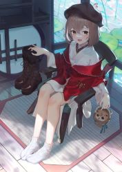 Rule 34 | 1girl, absurdres, architecture, bare legs, basket, beret, bird, blush, boots, braid, brown eyes, brown hair, east asian architecture, feathers, hat, highres, hololive, hololive english, impurmotive, japanese clothes, kimono, lily pad, looking at viewer, multicolored hair, nanashi mumei, nanashi mumei (new year), official alternate costume, owl, plant, pond, red shawl, ribbon, shawl, short hair, smile, solo, streaked hair, tabi, tatami, unworn boots, virtual youtuber, white kimono, wooden chair, wooden floor