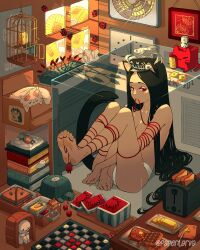 Rule 34 | 1girl, animal ears, artist name, barefoot, black hair, book, box, bread, bread slice, bug, cage, cat, cat ears, electric fan, fish, flower, food, highres, insect, knees up, ladybug, long hair, mouth hold, original, panties, paperlarva, power cord, red eyes, sandwich, solo, surreal, toaster, topless, underwear, underwear only, very long hair, white panties, wide shot, yellow flower