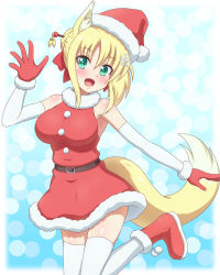 Rule 34 | 1girl, animal ears, blonde hair, boots, christmas, commentary request, dog days, dress, elbow gloves, fox ears, fur-trimmed dress, fur-trimmed gloves, fur trim, gloves, hair ornament, hairpin, halterneck, hat, head tilt, highres, layered gloves, leg up, looking at viewer, open mouth, partial commentary, red dress, red footwear, red gloves, red hat, santa boots, santa dress, santa gloves, santa hat, short dress, short hair, sidelocks, smile, snowflake hair ornament, solo, standing, standing on one leg, thighhighs, waving, white gloves, white thighhighs, yosuzu, yukikaze panettone