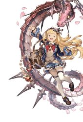 Rule 34 | 10s, ;d, blonde hair, cagliostro (granblue fantasy), cagliostro (youthful uniform) (granblue fantasy), dragon, granblue fantasy, headband, minaba hideo, official art, one eye closed, open mouth, petals, school uniform, smile, test tube, thighhighs, transparent background, zettai ryouiki