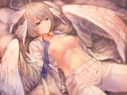 Rule 34 | 1girl, ahoge, blouse, breasts, breasts out, closed mouth, harpy, head wings, komota (kanyou shoujo), long hair, long sleeves, looking at viewer, lying, monster girl, necktie, nipples, on back, open clothes, open shirt, original, pants, purple eyes, purple necktie, seductive smile, shirt, small breasts, smile, solo, white hair, white pants, white shirt, white theme, winged arms, wings