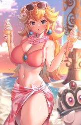 Rule 34 | 1girl, beach, bikini, blonde hair, blue eyes, blurry, blurry background, blush, breasts, cleavage, curvy, earrings, eyewear on head, flower, flower necklace, food, hair flower, hair ornament, highres, holding, holding food, ice cream, ice cream cone, jewelry, large breasts, lei, lips, long hair, mario (series), nail polish, necklace, nintendo, ocean, parted lips, pink bikini, pink nails, princess peach, princess peach (swimwear), sarong, signature, sunglasses, super mario odyssey, swimsuit, thick thighs, thighs, tiara (mario), water, yana (nekoarashi)