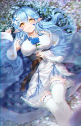 Rule 34 | absurdres, ahoge, bare shoulders, belt, black corset, blouse, blue bow, blue bowtie, blue coat, blue flower, blue hair, blue rose, blue skirt, blue theme, blurry, blush, bow, bowtie, braid, breasts, brown belt, center frills, chromatic aberration, cleavage cutout, clothing cutout, coat, collarbone, colored tips, corset, depth of field, dress, elf, eshineko, feet out of frame, flower, frilled shirt, frilled skirt, frilled thighhighs, frills, fur-trimmed coat, fur trim, hair between eyes, hair flower, hair ornament, hair ribbon, half updo, heart, heart ahoge, heart hair, highres, holding, holding flower, holofive, hololive, large breasts, leather belt, long hair, looking at viewer, loose bowtie, lying, miniskirt, multicolored hair, nepolabo, off shoulder, on back, petals, pleated skirt, pointy ears, pursed lips, ribbon, rose, see-through, see-through skirt, shirt, skirt, sleeveless, sleeveless shirt, snowflake print, solo, streaked hair, tareme, thighhighs, underbust, very long hair, virtual youtuber, white shirt, white thighhighs, yellow eyes, yukihana lamy, zettai ryouiki
