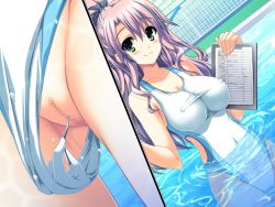 Rule 34 | akaza, censored, cleft of venus, henshin 3, living clothes, long hair, notebook, one-piece swimsuit, pen, pool, purple hair, pussy, school swimsuit, swimsuit, tampon, water, white one-piece swimsuit, white school swimsuit