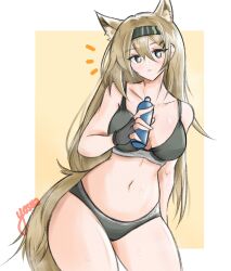 Rule 34 | 1girl, animal ears, arknights, black gloves, blonde hair, blush, bottle, bra, breasts, bright pupils, cowboy shot, extra ears, fingerless gloves, gloves, green bra, green eyes, green hairband, green panties, hair ornament, hairband, hairclip, hand up, highres, holding, holding bottle, horn (arknights), long hair, looking at viewer, medium breasts, musical note, navel, panties, parted lips, sign, signature, solo, stomach, tail, thighs, underwear, very long hair, white pupils, wolf ears, wolf girl, wolf tail, yosua 0669