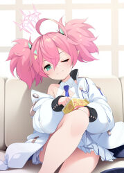 Rule 34 | 1girl, bag of chips, blue archive, blue necktie, collared dress, dress, green eyes, hair between eyes, halo, highres, horns, jacket, long hair, long sleeves, mofu namako, momoka (blue archive), necktie, one side up, pink hair, pink halo, pointy ears, sitting, solo, twintails, white jacket