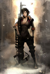 Rule 34 | 1girl, black hair, breasts, cleavage, elf, gun, highres, kokecit, lips, nose, original, planted, pointy ears, rifle, short hair, single glove, sniper rifle, solo, spiked hair, weapon