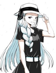 Rule 34 | 1girl, absurdres, belt, black dress, black ribbon, braid, breasts, brown eyes, bucket hat, commentary request, cowboy shot, dress, eyelashes, facial tattoo, fingernails, grin, hand on headwear, hat, hat ribbon, highres, igari heiichi, long hair, looking at viewer, looking to the side, low-tied long hair, minorun9, nue no onmyouji, ribbon, short sleeves, side braid, sideways glance, single braid, small breasts, smile, solo, tattoo, white background, white belt, white hair, white hat