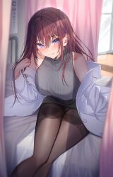 Rule 34 | 1girl, absurdres, bare shoulders, black pantyhose, blush, breasts, closed mouth, earrings, feet out of frame, highres, indoors, infirmary, jewelry, kunimine yuzuki, lab coat, large breasts, long hair, long sleeves, looking at viewer, off shoulder, original, pantyhose, purple eyes, purple hair, sitting, smile, solo, sweat, thighband pantyhose, thighs
