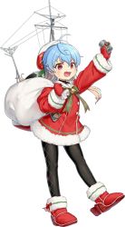 Rule 34 | 1girl, akasaka yuzu, bad id, bad twitter id, black pantyhose, blue hair, depth charge, full body, fur trim, gradient hair, kantai collection, long hair, long sleeves, mittens, multicolored hair, official art, open mouth, pantyhose, red eyes, red mittens, sado (kancolle), santa costume, solo, transparent background, v-shaped eyebrows