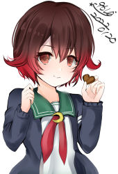 Rule 34 | 1girl, 9610 (kuroto), absurdres, blue jacket, brown hair, cookie, crescent, crescent pin, food, gradient hair, green sailor collar, heart, highres, holding, jacket, kantai collection, looking at viewer, multicolored hair, mutsuki (kancolle), mutsuki kai ni (kancolle), neckerchief, one-hour drawing challenge, red hair, red neckerchief, sailor collar, school uniform, serafuku, short hair, simple background, smile, solo, white background