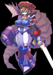 Rule 34 | 1girl, arm cannon, armor, black background, blue leotard, breasts, brown hair, colonel (mega man), colored skin, covered erect nipples, covered navel, energy sword, full body, fusion, green eyes, highres, holding, holding sword, holding weapon, humanoid robot, iris (mega man), large breasts, leotard, long hair, mechanical wings, mega man (series), mega man x4, mega man x (series), power armor, purple armor, robot, robot girl, shoulder armor, simple background, single wing, sword, t-t u2, weapon, white skin, wings