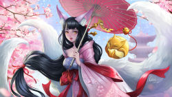 Rule 34 | 1girl, animal ear fluff, animal ears, artist name, black hair, breasts, character request, cherry blossoms, concept art, fox, fox ears, fox tail, gzi (shiba-ko), hair ribbon, highres, holding, japanese clothes, kimono, kitsune, large breasts, long hair, low tied hair, multiple tails, nail polish, oil-paper umbrella, orange eyes, outdoors, pink kimono, red nails, red ribbon, ribbon, shen du ye xing lu, smile, solo, tail, teeth, umbrella, wide sleeves