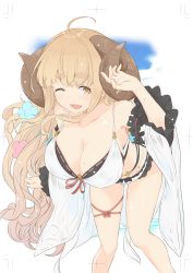 Rule 34 | 1girl, ;d, absurdres, anila (granblue fantasy), anila (summer) (granblue fantasy), bent over, bikini, blonde hair, breasts, curled horns, draph, granblue fantasy, highres, horns, kichihachi, large breasts, long hair, one eye closed, open mouth, smile, solo, swimsuit, thick eyebrows, very long hair, wet, white bikini, yellow eyes