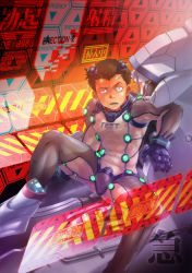 Rule 34 | 1boy, black eyes, black hair, blush, bulge, embarrassed, erection, erection under clothes, highres, holographic interface, male focus, mecha, muscular, neon genesis evangelion, neon genesis evangelion (manga), neon lights, nipples, pagumi, pectorals, penis, plugsuit, robot, see-through, sitting, solo, suzuhara touji, sweat, testicles, text focus, transparent