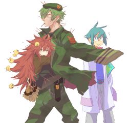 Rule 34 | 1girl, 2boys, beret, bird, carrying, chick, cigarette, dandruff, flaky (happy tree friends), flippy (happy tree friends), green hair, happy tree friends, hat, height difference, hug, kab00m chuck, long hair, military, military uniform, multiple boys, personification, red eyes, red hair, short hair, sniffles (happy tree friends), tears, uniform