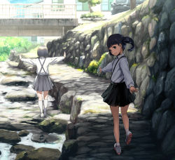 Rule 34 | 2girls, balancing, bare legs, black eyes, black hair, black skirt, blunt bangs, bob cut, bridge, building, canal, commentary request, day, from behind, grey skirt, highres, kneehighs, long hair, long sleeves, looking back, moss, motor vehicle, multiple girls, original, outdoors, outstretched arms, path, retaining wall, river, road, rock, scenery, school uniform, shade, shirt, shoes, short hair, skirt, smile, sneakers, socks, sody, spread arms, stone wall, sunlight, suspenders, twintails, walking, wall, water, white legwear, white shirt, wrists extended