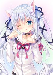 Rule 34 | 1girl, animal ears, bad id, bad pixiv id, bell, blue eyes, blush, cat ears, cat tail, choker, collarbone, commentary request, dress, hair ornament, hairclip, head tilt, long hair, looking at viewer, neck bell, noda shuha, one eye closed, original, paw pose, sailor collar, sidelocks, solo, tail, tongue, tongue out, twintails, upper body, white dress, white hair, zipper, zipper pull tab
