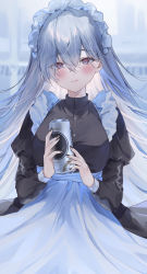 Rule 34 | 1girl, apron, bell, black nails, blush, breasts, buttons, can, closed mouth, collared shirt, fingernails, grey eyes, grey hair, hair between eyes, harui (hr x9 ), highres, holding, holding can, jingle bell, long hair, long sleeves, looking at viewer, maid, maid apron, maid headdress, nail polish, original, shirt, solo, waist apron, white apron