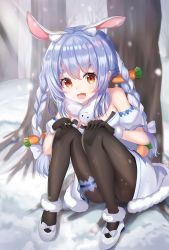 Rule 34 | 1girl, absurdres, animal ear fluff, animal ears, ass, bad id, bad pixiv id, bare shoulders, black gloves, black pantyhose, blue hair, blurry, blurry background, braid, breasts, bridal garter, carrot hair ornament, coat, commentary request, detached sleeves, food-themed hair ornament, fur collar, fur trim, gloves, hair ornament, hands on own knees, highres, hololive, long hair, looking at viewer, multicolored hair, open mouth, outdoors, pantyhose, puffy short sleeves, puffy sleeves, rabbit ears, shoes, short sleeves, sitting, smile, snow, solo, thick eyebrows, tree, twin braids, two-tone hair, usada pekora, usada pekora (1st costume), virtual youtuber, white coat, white footwear, zeroillya