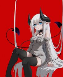 Rule 34 | 1girl, absurdres, bare shoulders, black straps, black thighhighs, blue eyes, breasts, bright pupils, chinese commentary, commentary request, demon girl, demon horns, demon tail, fang, feet out of frame, floating hair, grey sweater, hair between eyes, highres, horns, huge horns, huizhiyin, invisible chair, large breasts, leg up, long hair, looking at viewer, multiple tails, off-shoulder sweater, off shoulder, open mouth, original, pale skin, pointy ears, red background, sitting, skin fang, skindentation, sweater, tail, thick thighs, thighhighs, thighs, very long hair, white hair, white pupils, zettai ryouiki