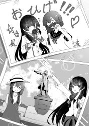 Rule 34 | 2girls, absurdres, alternate costume, clothes around waist, commentary request, dress, fake facial hair, fake mustache, greyscale, hair between eyes, highres, holding, holding hair, isokaze (kancolle), isonami (kancolle), isonami kai ni (kancolle), jacket, jacket around waist, kantai collection, monochrome, multiple girls, name connection, official alternate costume, photo (object), pointing, sailor collar, school uniform, serafuku, sidelocks, statue, tiger (tiger-kimu), translation request, upper body