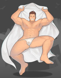 Rule 34 | 1boy, :p, abs, armpits, bara, blanket, body hair, brown hair, bulge, clenched teeth, full body, fundoshi, holding, hunterkay, japanese clothes, jumping, large pectorals, male focus, male underwear, manly, muscular, nipples, one eye closed, original, pectorals, reveal, topless male, solo, teeth, thick thighs, thighs, tongue, tongue out, underwear, undressing, white male underwear
