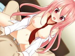 Rule 34 | 1girl, bed, blush, breasts, censored, game cg, girl on top, large breasts, legs, long hair, looking down, lying, navel, nipples, no bra, no panties, open clothes, open mouth, penis, pink hair, pussy, red eyes, sex, sitting, sitting on person, suki suki daisuki chou kanri shite ageru, tears, thighs, vaginal