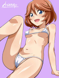 Rule 34 | 10s, 1girl, arm support, artist name, bare arms, bare shoulders, bikini, blue eyes, blush, breasts, cardfight!! vanguard, chicago-x, cleft of venus, collarbone, covered erect nipples, eyebrows, hair between eyes, leaning back, looking at viewer, navel, open mouth, partially visible vulva, sendou emi, shiny skin, small breasts, solo, stomach, swimsuit, thighs, white bikini