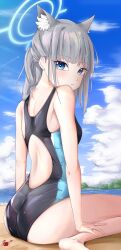 Rule 34 | 1girl, absurdres, animal ear fluff, animal ears, black one-piece swimsuit, blue archive, blue eyes, blue sky, breasts, cloud, commentary, competition swimsuit, cross hair ornament, day, extra ears, feet out of frame, from behind, grey hair, hair ornament, halo, highres, light smile, looking at viewer, low ponytail, mashieka, medium breasts, medium hair, mismatched pupils, multicolored clothes, multicolored swimsuit, official alternate costume, one-piece swimsuit, outdoors, shiroko (blue archive), shiroko (swimsuit) (blue archive), sitting, sky, solo, swimsuit, wariza, wolf ears