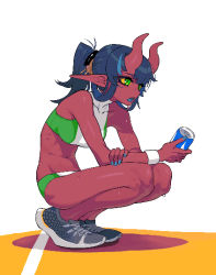 Rule 34 | 1girl, blue hair, can, collarbone, colored sclera, colored skin, demon girl, demon horns, dithering, drink can, green eyes, horns, jaggy lines, kezime, long pointy ears, nail polish, original, pointy ears, ponytail, red skin, saki (kezime), shoes, sneakers, soda, soda can, solo, sportswear, squatting, sweat, yellow sclera