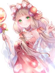 Rule 34 | 1girl, absurdres, animal ear fluff, bare shoulders, blunt bangs, blush, bow, bowtie, closed mouth, collar, collarbone, cowboy shot, detached sleeves, dress, flower, frilled collar, frills, green eyes, hair flower, hair ornament, hair over shoulder, hands up, highres, holding, holding staff, huge filesize, long hair, looking at viewer, maho (princess connect!), maho (summer) (princess connect!), princess connect!, red bow, red bowtie, red collar, red dress, ryuna (inc moon), see-through, simple background, smile, solo, staff, twintails, white background