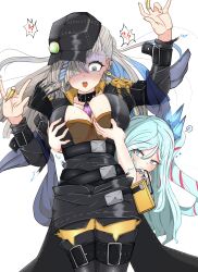 Rule 34 | !?, 2girls, :3, blue eyes, blue hair, blush, braid, breasts, cleavage, collar, duel monster, grabbing, grabbing another&#039;s breast, grey eyes, grey hair, hair over one eye, hat, highres, jacket, large breasts, leather, leather jacket, leather strap, long hair, multiple girls, musical note, open mouth, rilliona (yu-gi-oh!), shaded face, simple background, spoken musical note, sweat, tears, white background, witchcrafter haine, witchcrafter madame verre, yu-gi-oh!, yuri
