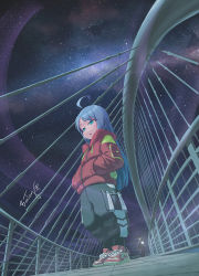 Rule 34 | 1boy, 1girl, ahoge, baggy pants, blue eyes, blue hair, bosstseng, chinese commentary, commentary request, dutch angle, flashlight, from below, full body, hands in pockets, jacket, night, night sky, original, pants, petite, railing, red jacket, security guard, shoes, signature, sky, sneakers, star (sky), starry sky