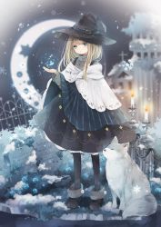 Rule 34 | 1girl, absurdres, animal, black legwear, blonde hair, blue eyes, commentary, cradle, crescent moon, cross, cross necklace, graveyard, hat, highres, huge filesize, jewelry, looking at viewer, moon, necklace, original, outdoors, snowflakes, snowing, sweater, tombstone, tukimisou0225, turtleneck, turtleneck sweater, witch, witch hat, wolf