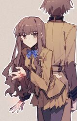 Rule 34 | 1boy, 1girl, back-to-back, black pantyhose, blue bow, blue bowtie, bow, bowtie, brown hair, brown jacket, brown skirt, closed mouth, command spell, commentary request, fate/extra, fate (series), highres, jacket, kishinami hakuno (female), kishinami hakuno (male), long hair, long sleeves, looking at viewer, miniskirt, pantyhose, pleated skirt, s95156, school uniform, short hair, skirt, smile, tsukumihara academy uniform (fate/extra), uniform