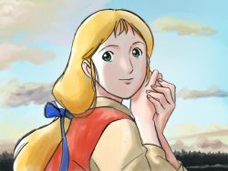 Rule 34 | 1970s (style), 1girl, blonde hair, cloud, day, green eyes, holding hands, looking at viewer, looking back, nippon animation, retro artstyle, outdoors, perrine monogatari, perrine paindavoine, ponytail, qen tyte, retro artstyle, sky, solo focus, world masterpiece theater