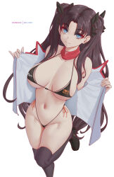 Rule 34 | 1girl, absurdres, artist name, bikini, black bikini, black hair, black thighhighs, blue eyes, breasts, breasts out, cleavage, closed mouth, collarbone, detached collar, fate/stay night, fate (series), foot out of frame, highleg, highleg bikini, highres, jacket, large breasts, long hair, melowh, navel, open clothes, open jacket, patreon username, smile, solo, standing, standing on one leg, stomach, swimsuit, thighhighs, thighs, tohsaka rin, two side up