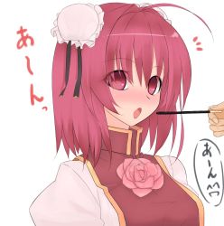 Rule 34 | 1girl, bad id, bad pixiv id, bun cover, chinese clothes, denpaken pochi, double bun, female focus, flower, food, highres, ibaraki kasen, open mouth, pink eyes, pink hair, pochi (potihouse), pocky, rose, solo, touhou