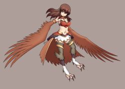 Rule 34 | 1girl, armlet, armor, breasts, brown hair, digitigrade, faulds, feathered wings, fei (ercan dinler17), frills, full body, harpy, highres, jewelry, large breasts, long hair, looking at viewer, midriff, monster girl, navel, necklace, original, red eyes, signature, simple background, solo, talons, thighlet, wing ears, winged arms, wings
