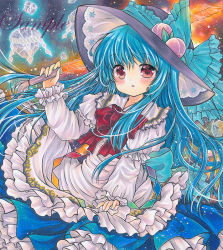 Rule 34 | 1girl, black hat, blouse, blue bow, blue hair, blue skirt, blush, bow, bowtie, commentary, cowboy shot, food, frilled bow, frilled shirt collar, frilled sleeves, frills, fruit, hand up, hat, hat bow, hinanawi tenshi, holding, holding sword, holding weapon, keystone, long hair, long sleeves, looking at viewer, marker (medium), parted lips, peach, petticoat, puffy sleeves, red bow, red bowtie, red eyes, rui (sugar3), sample watermark, shirt, skirt, solo, sword, sword of hisou, touhou, traditional media, very long hair, watermark, weapon, white shirt