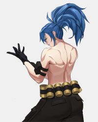 Rule 34 | 1girl, absurdres, adjusting clothes, adjusting gloves, ammunition belt, arm pouch, back muscles, black gloves, black pants, blue eyes, blue hair, cargo pants, earrings, erzomori, gloves, highres, jewelry, leona heidern, muscular, muscular female, no shirt, pants, ponytail, soldier, solo, the king of fighters, the king of fighters xiii, topless, triangle earrings