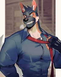 Rule 34 | 1boy, absurdres, animal ear fluff, animal ears, another eidos-r, bara, barlitz (another eidos), blue shirt, blurry, blurry background, breath, collared shirt, dog boy, dog ears, fingerless gloves, furry, furry male, game console, gloves, grin, highres, k0bit0wani, large pectorals, male focus, motion lines, multicolored fur, muscular, muscular male, necktie, nes, pectorals, red necktie, removing necktie, shirt, smile, solo, sweatdrop, thick arms, tight clothes, tight shirt, upper body, v-taper
